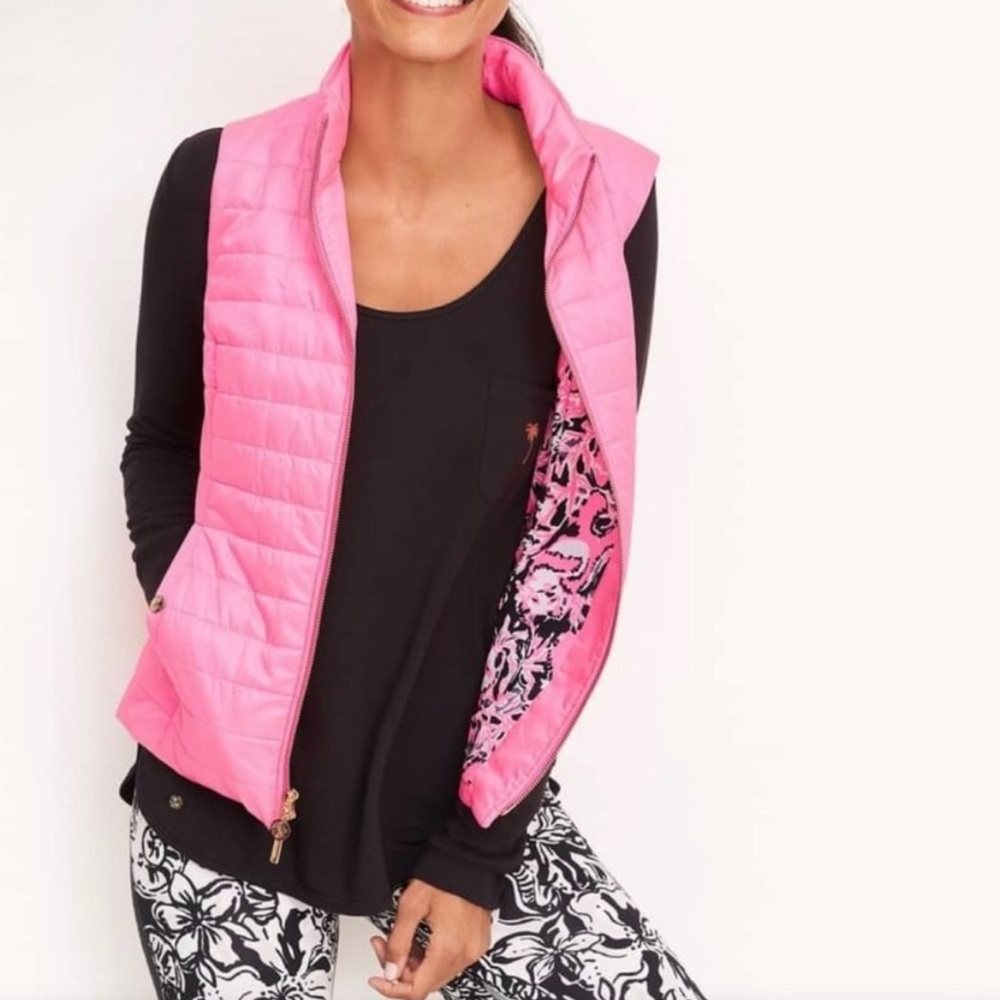 Lilly Pulitzer Elyn puffer vest pink gold zip printed liner